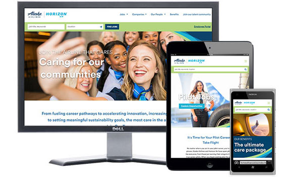 Alaska Airlines home page on desktop, tablet, and phone